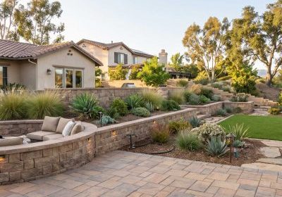 Scripps Ranch backyard landscaping with patios and walls